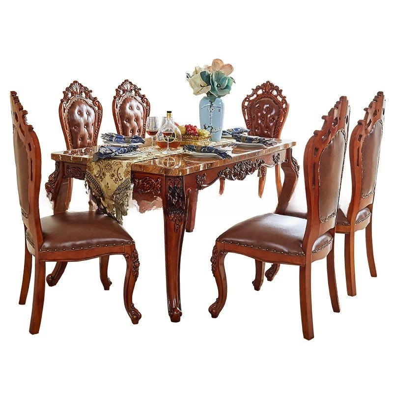 

European solid wood marble dining table rectangular square long table dining dining chair combination