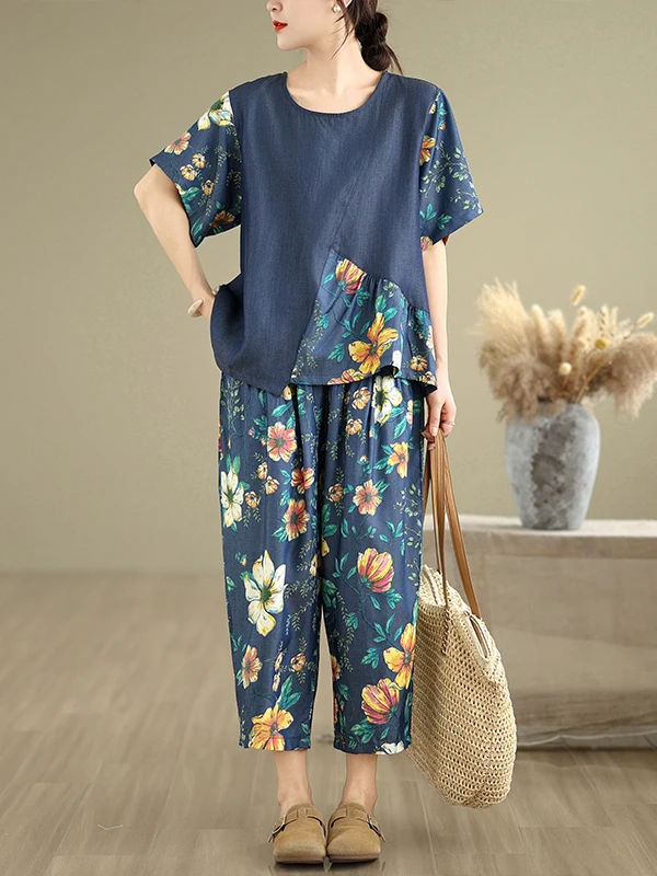 

Summer 2025 plus Size Denim Set Women's Faionable Two-Piece Outfit Concealment Ensemble Vintage Splicing ort Sve round...