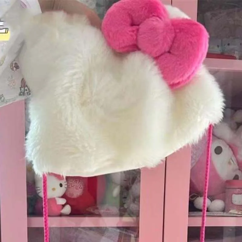 لطيف مرحبا كيتي أفخم قبعة Kawaii الأحمر القوس فروي قبعة الخريف الشتاء الفتيات موضة قبعات دافئة في الهواء الطلق حماية الأذن للنساء هدية