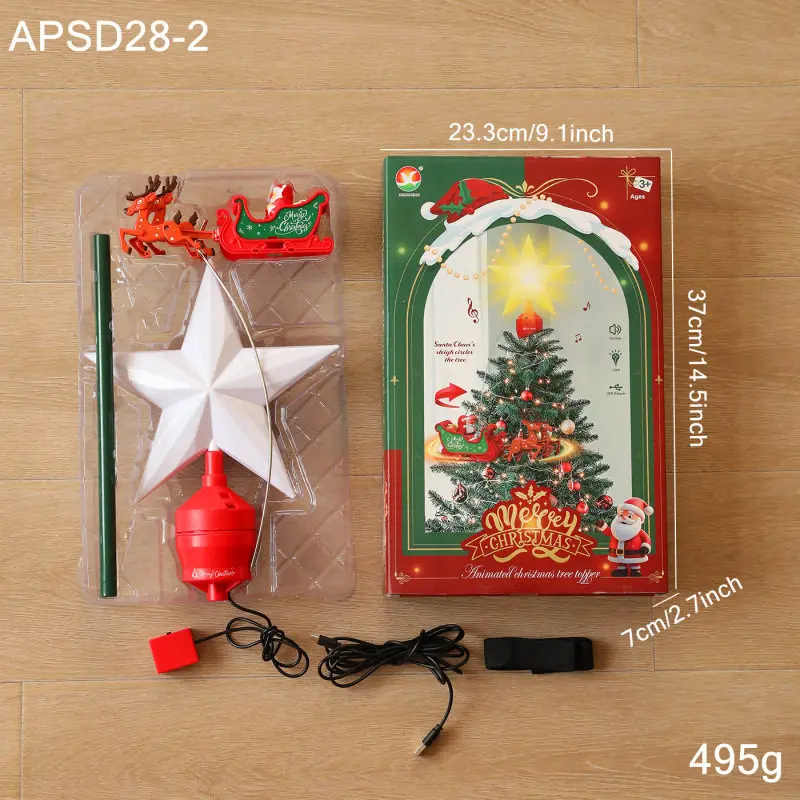 Revolving carriage tree top star Santa electric plug-in luminous five-pointed star Christmas tree decoration