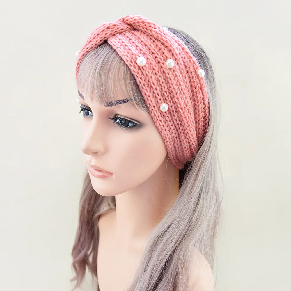 Fashion Pearls Knitted Headband Women Cross Knotted Hair Bands Autumn Winter Ear Warmer Protectors Wide Turban Hair Accessories