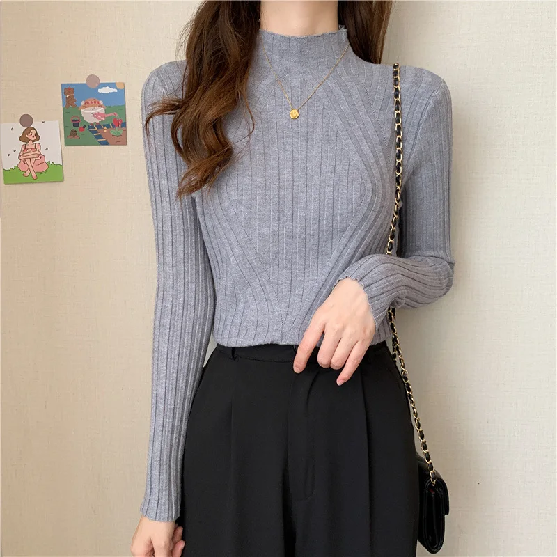 Knitted Sweaters Women Ribbed Pullover Half Turtleneck Jumper Sweater Autumn Winter Slim Chic Streetwear Long Sleeve Y2K Top