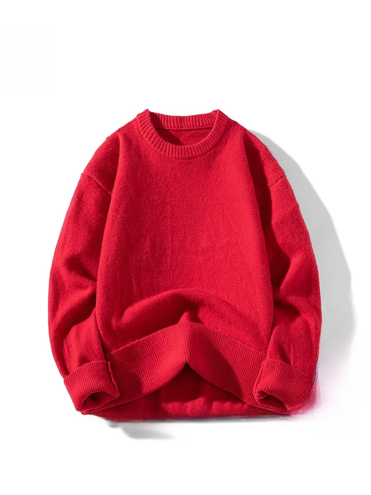 

Rampo Thiened Red Sweater Men's Loose Fit round Ne Knitted Winter Faion Urban Sle Long Sve Color Casual Wear