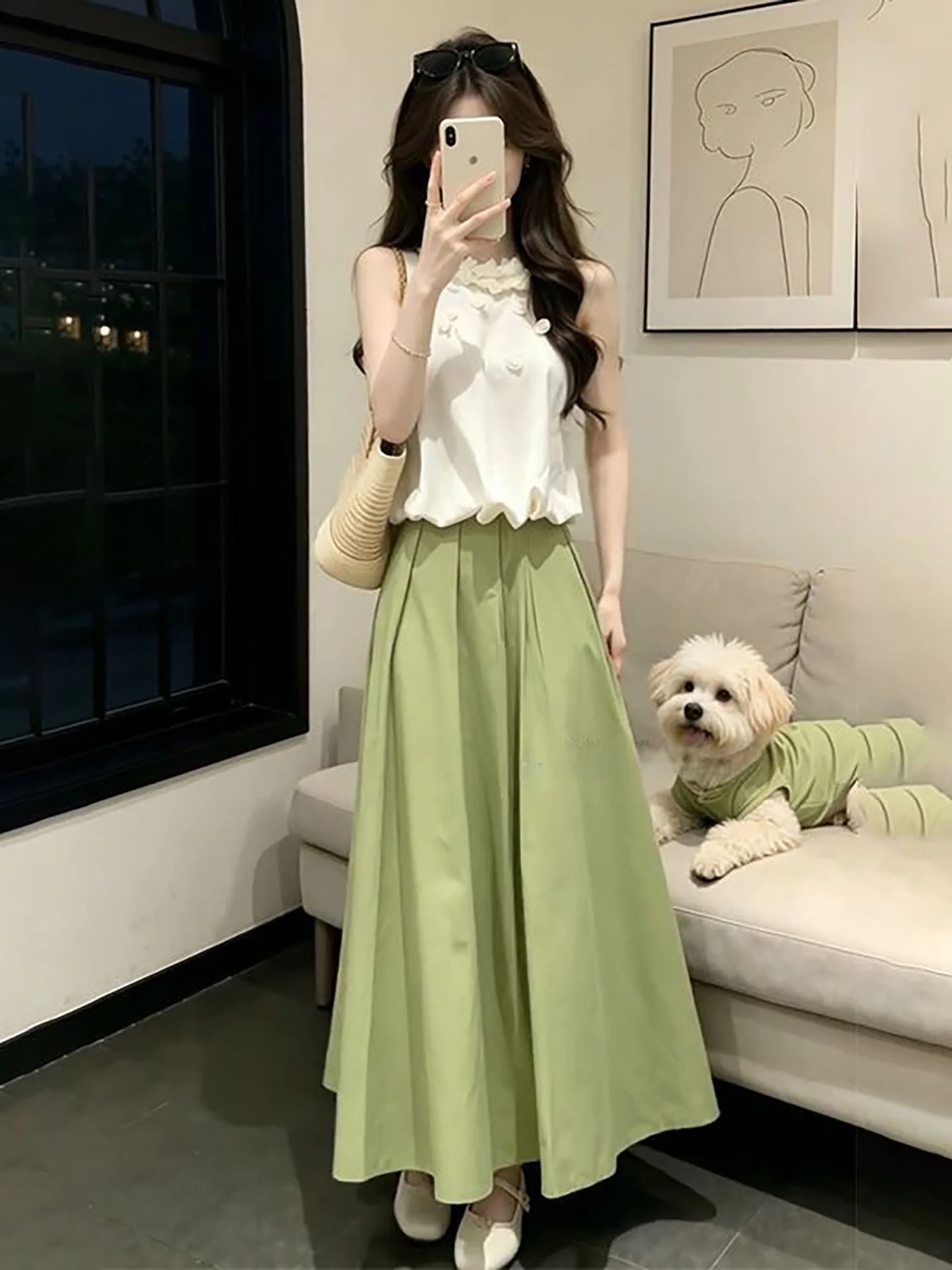 

Elegant Gentle New Style Hanging Neck Sleeveless Gored Skirt Two-Piece Set Green Dress Casual Summer Fashion Women's Ens...