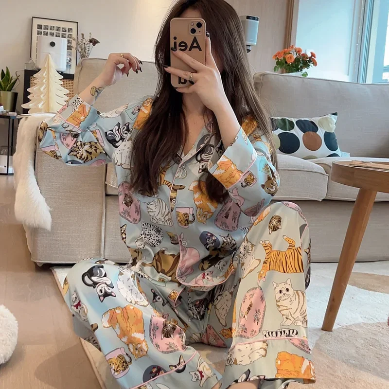 Pijamas para mulheres primavera e outono bonito gato cardigan manga comprida pijamas conjunto cetim loungewear lingerie feminina kawaii menina pjs