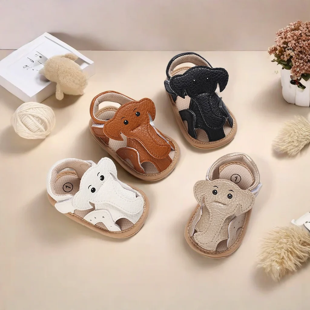 Cute Elephant Pattern Summer Casual Baby Sandals With Headband Anti Kick And Anti Slip Soft Sole Baby First Walking Shoes