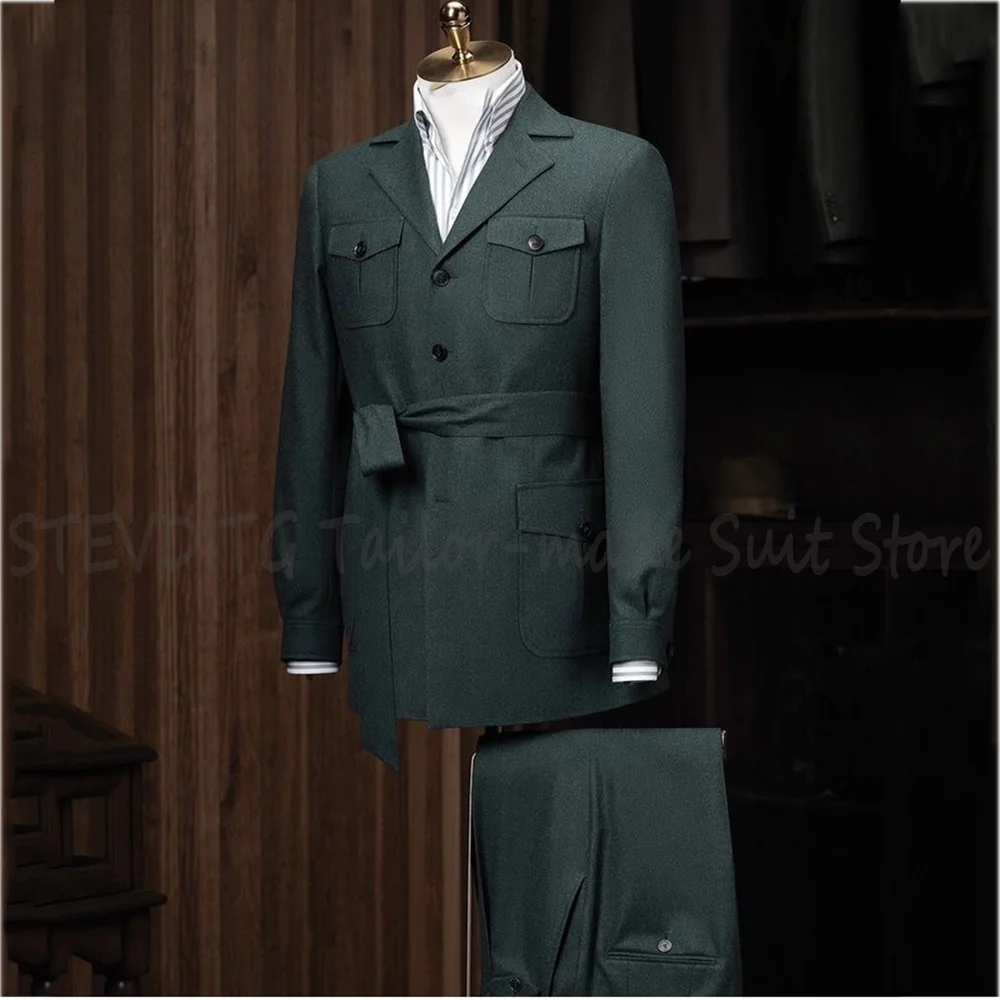 Safari Style Belted Men Suit 2 Piece Single Breasted Multi Pocket Jacket Pants Vintage Inspired Casual Formal Outfit Office Wear