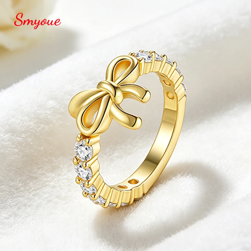 Smyoue Cute 2.5mm Excellent Cut Bowknot Rings for Women Half-eternity Matching Band Wedding Jewelry 925 Sterling Silver Gifts