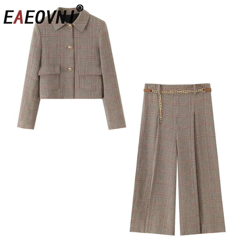 

EAEOVNI модный клетчатый комплект из 2 предметов, женская куртка с воротником с лацканами и пуговицами, пальто с поясом-цепочкой, широкие брюки, винтажная весенняя новинка 2026 г.