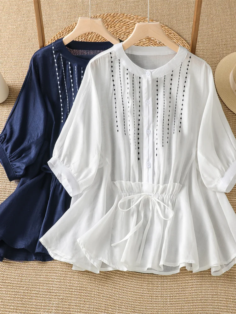 

Lightweight Cotton Linen Shirt Women's Summer New Loose Personality Anti-aging Belted Doll Shirt Top Fashionable Vintage Style