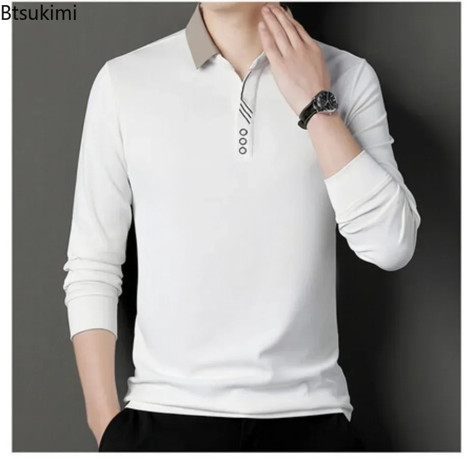 2024 Men's Casual Long Sleeve Shirts Spring Autumn Lapel Breathable Man Pullovers Business Formal Polo Shirts Solid Tops for Men