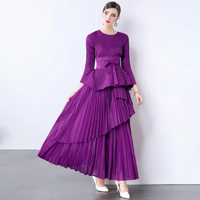 

Miyake Fold 2024 Pleats 2 Piece Set Women's O-Neck Long Sleeve Belt Solid Tops And High Waist A-Line Irregular Maxi Skirt Suit