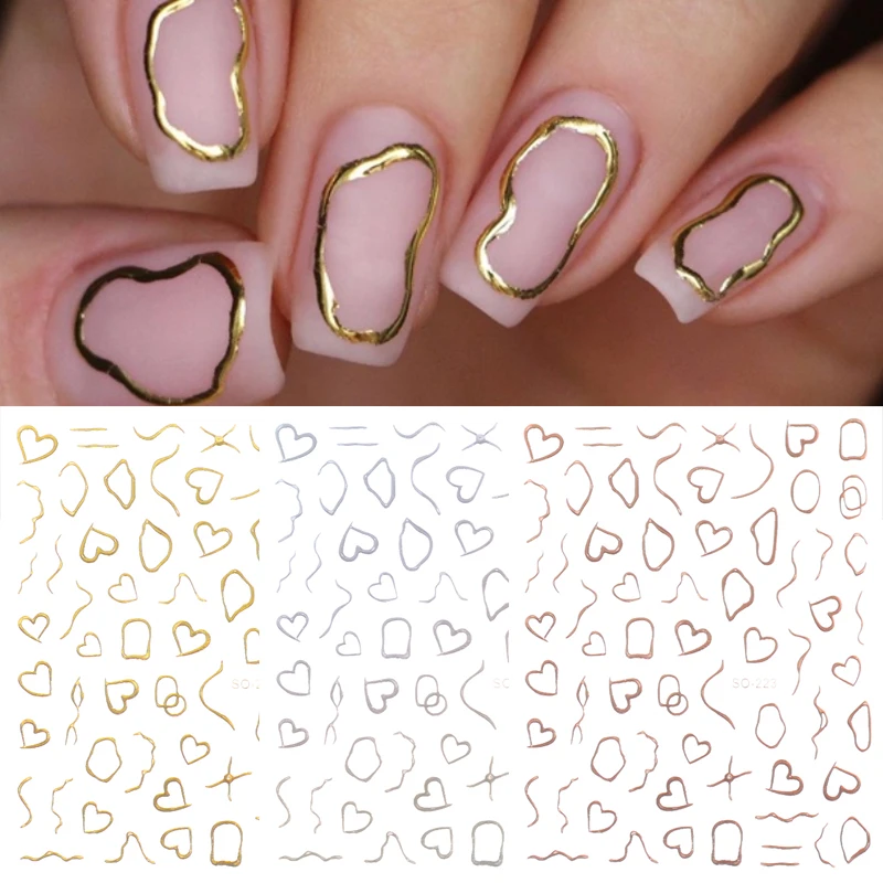 Gold Stripe Lines Nail Stickers Holographic Love Heart Sliders for Nails Swirls Cruved Wave Decals Manicure Decoration Stickers