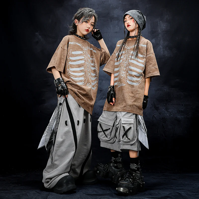 

Kids Ripped Punk T Shirts Men Harajuku Streetwear Hip Hop Street Dance Costumes Girls Jazz Performance Loose Y2K Suit Age 4-14Y