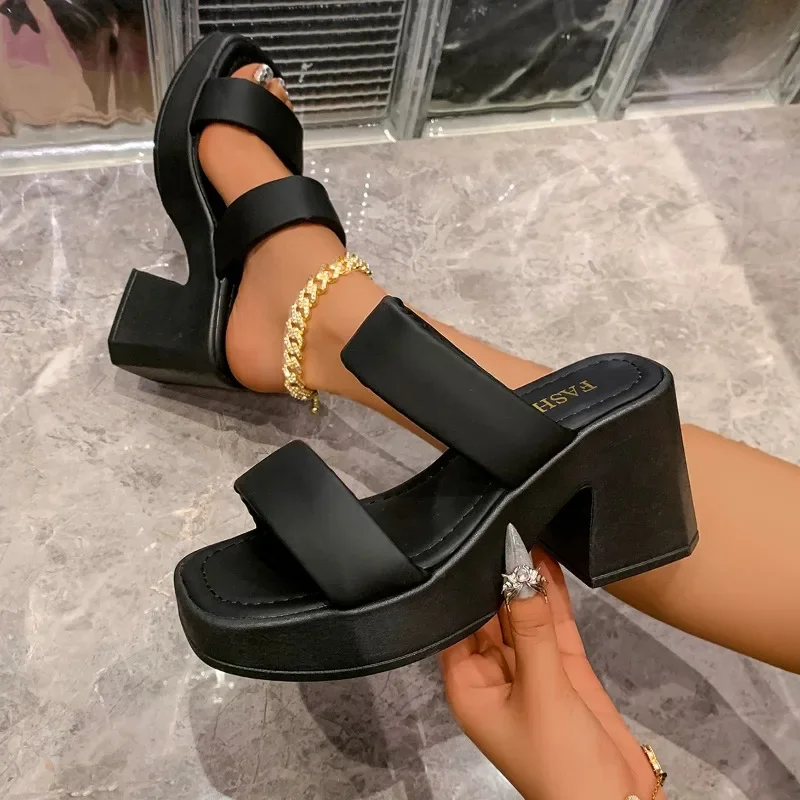 

Ladies Square Toe Platform Block High Heels Slide Ladies Fashion Casual Slippers Summer Spring Plus Size 41 42 Platform Slippers