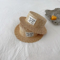 2025 Summer Baby Straw Hat with Big Label Kids Panama Caps Boys Girls Baby Sun Hat Sun Protection Vacation Beach Cap