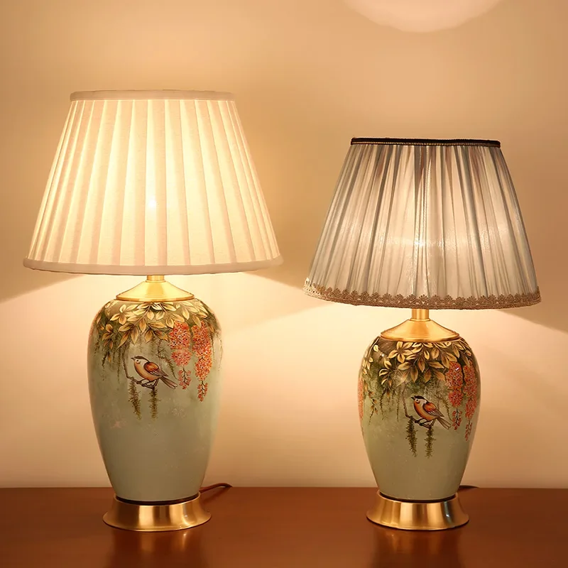 

Stylish American Ceramic Table Lamp Bedroom Nightstand Light Living Room Indoor Lighting Elegant Fabric Lampshade