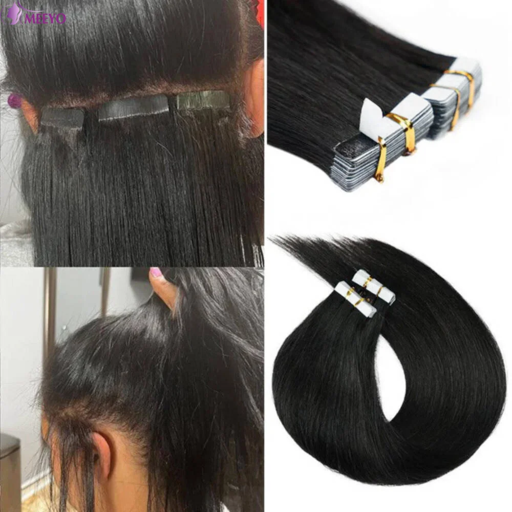 50G/Pack Tape in Hair Extensions Human Hair Straight Brazilian 100% Human Hair Extensions 16-26 Inches Natural Black for Women