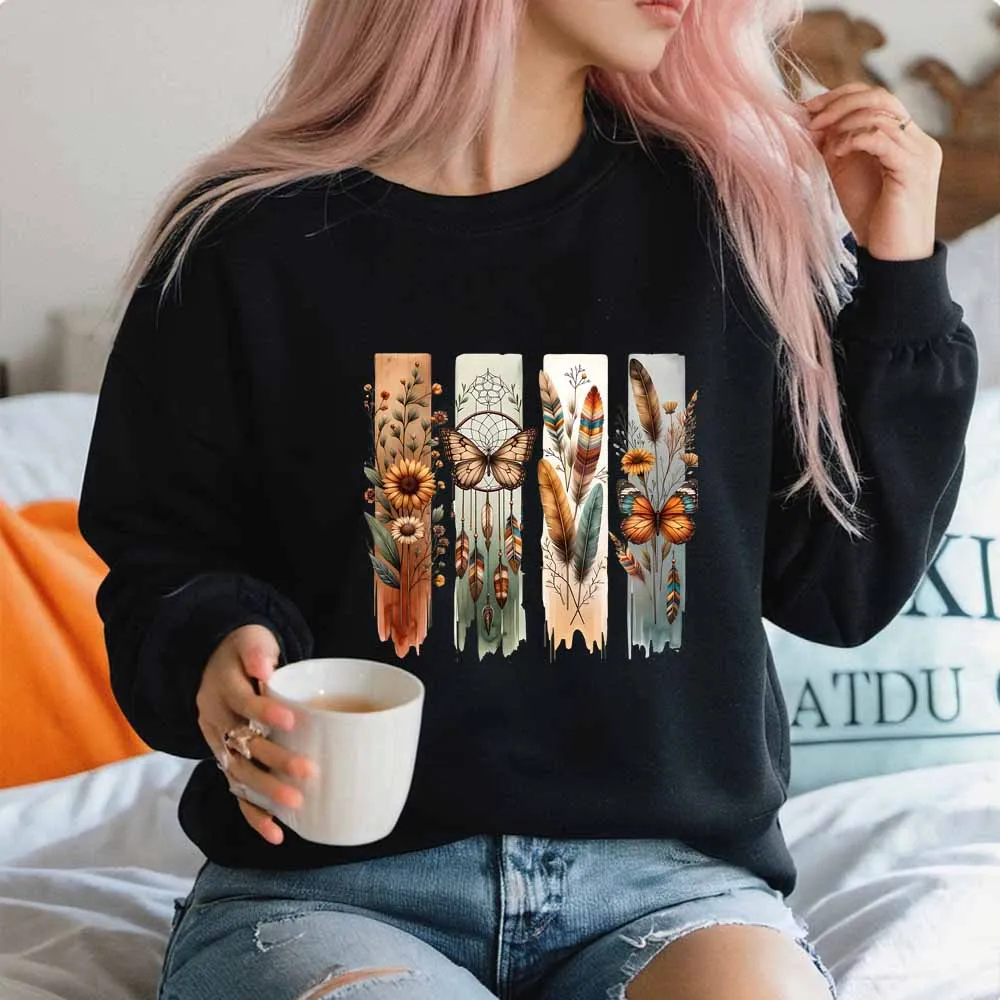 Boho Butterfly Flowers Sweatshirt Wildflowers Dreamcatcher Hoodie Boho Feathers Floral Shirt Western Trendy Crewneck Sweatshirts