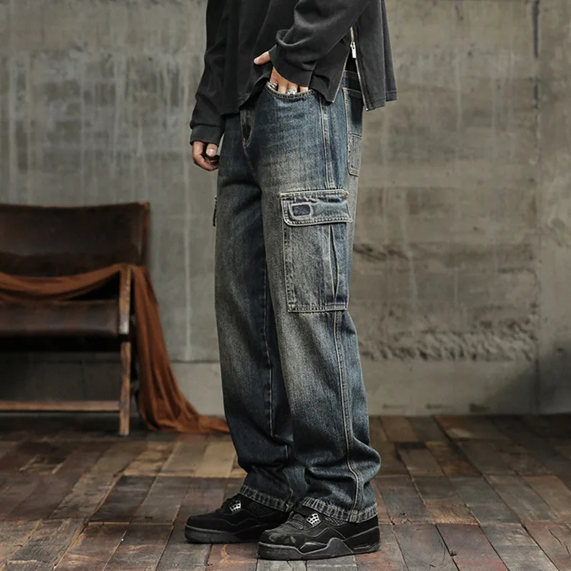 2024 Spring and autumn new men's cargo jeans men's fashion brand straight leg Japanese loose Harun casual multi-pocket pants