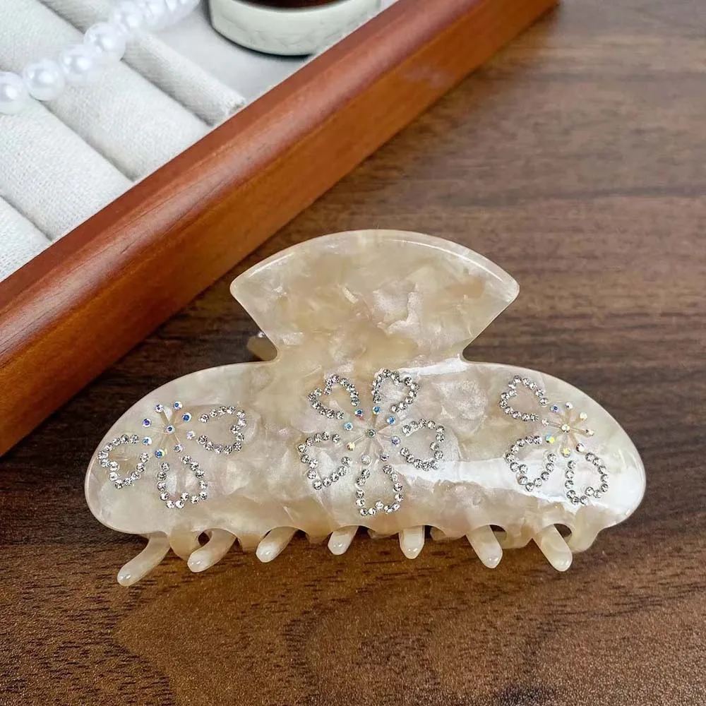 

Заколка-краб для волос с переливающимися стразами в корейском стиле, контрастных цветов, женская, элегантная, с цветочным узором, акриловая, головной убор