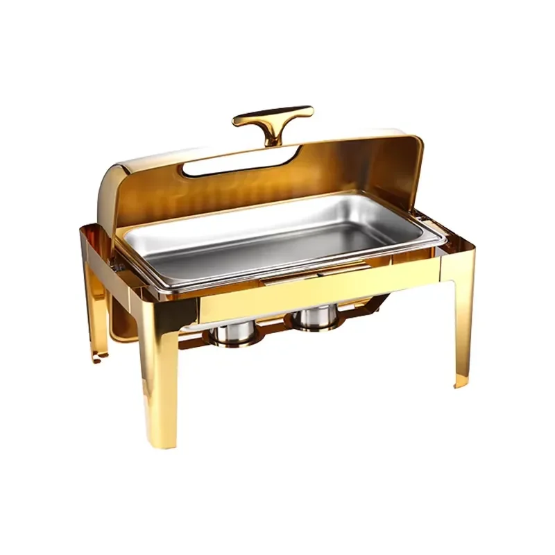Hydraulic Roll Top Chaffing Buffet Server Stainless Steel Food Warmer 9L Rectangular Golden Chafing Dish