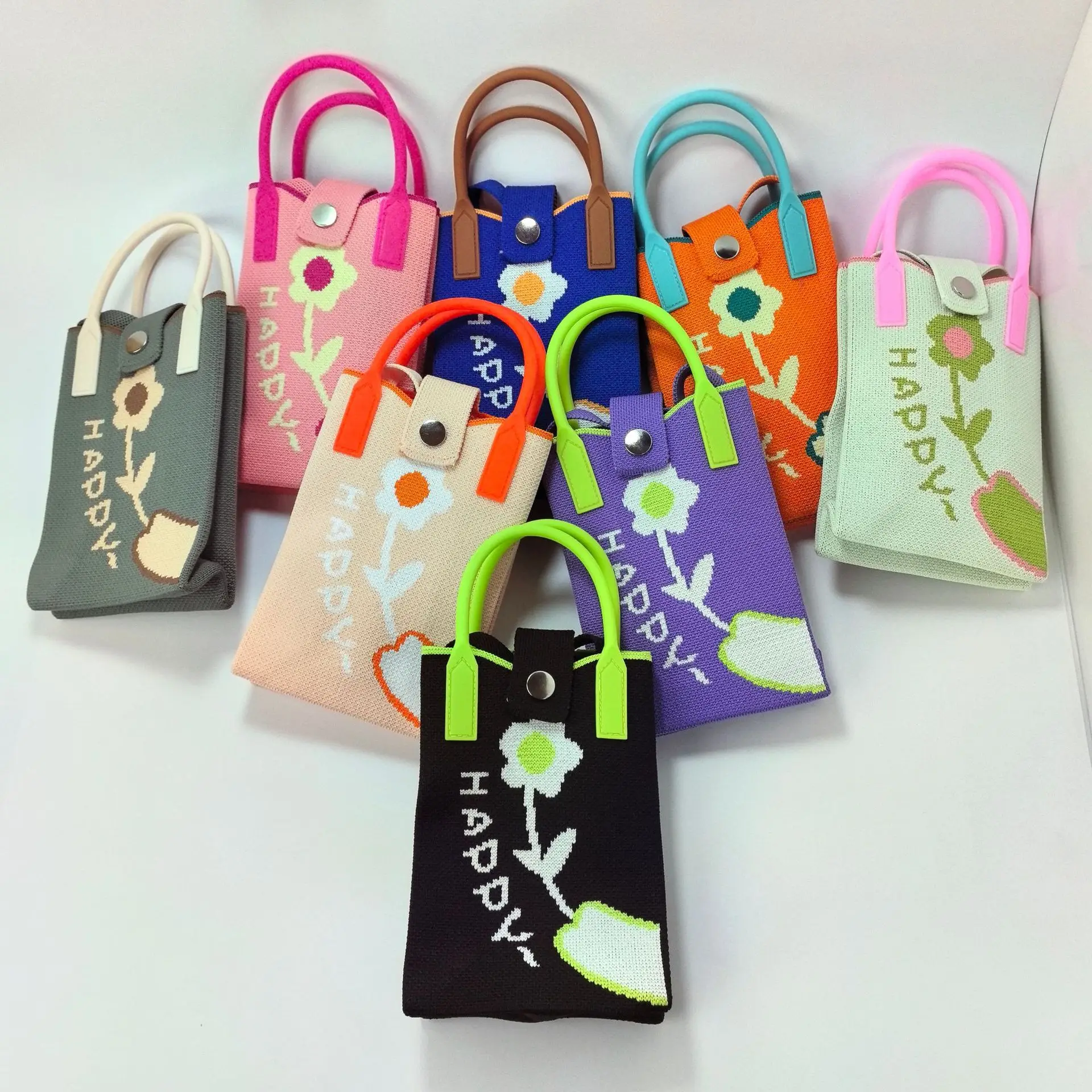 Mini Knitted Tote Bag Reusable Large Capacity Tote Bag Cute Cartoon Pattern Ladies Phone Bag