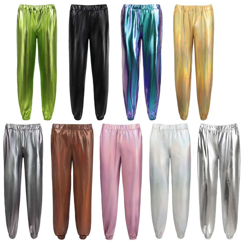 ילדים בנים בנות מכנסיים מבריקים זהב כסף ג'אז היפ הופ ריקוד תינוקות צמודים לאביב סתיו מכנסיים ארוכים