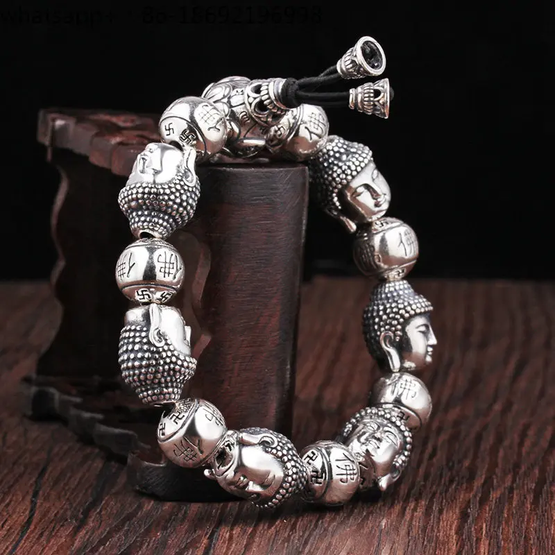 Sterling Silver Buddha Bead Bracelet Men's Sterling Silver Retro Personality Trendy Men's Round Bead Beads