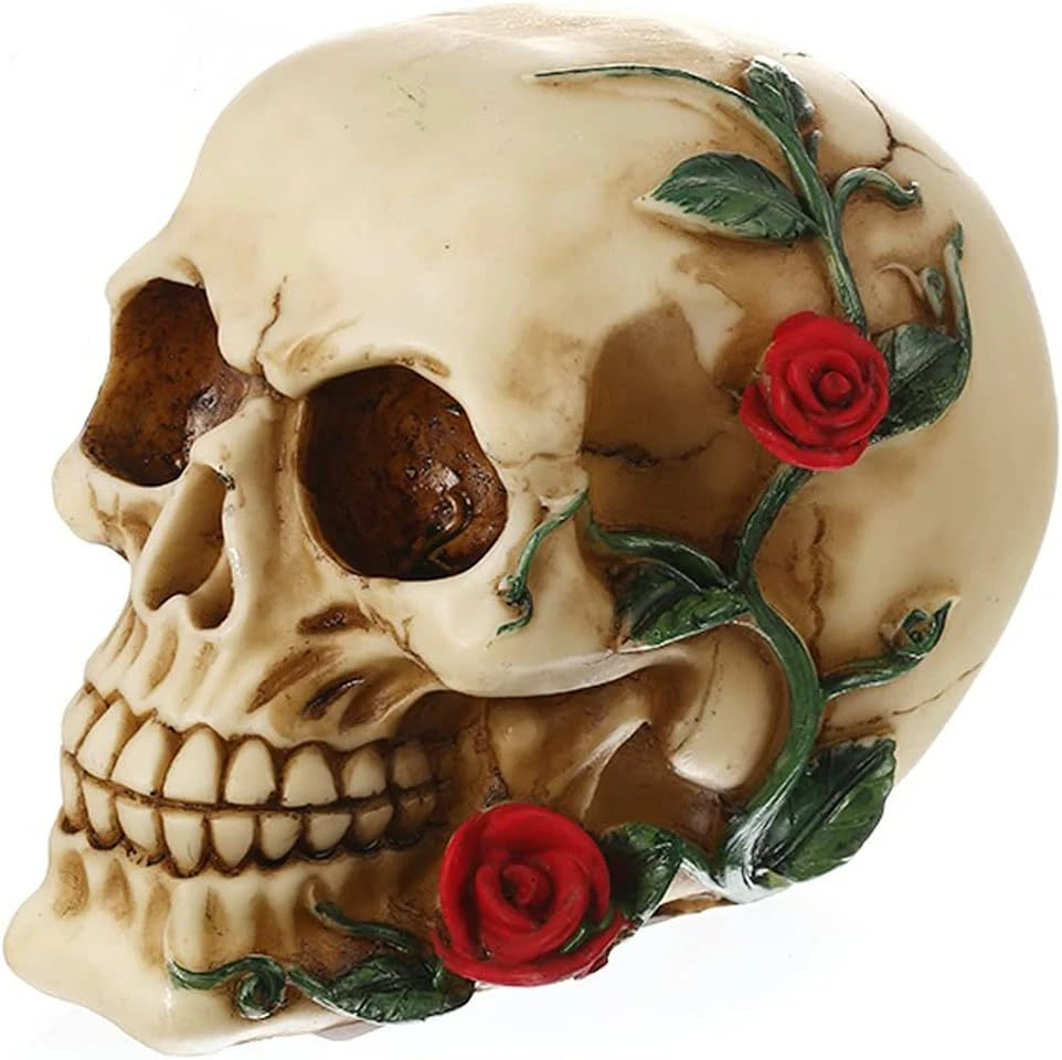 

Human Skull with Rose Resin Statue Small Size Head Sculptures Skull Collectible Figurines