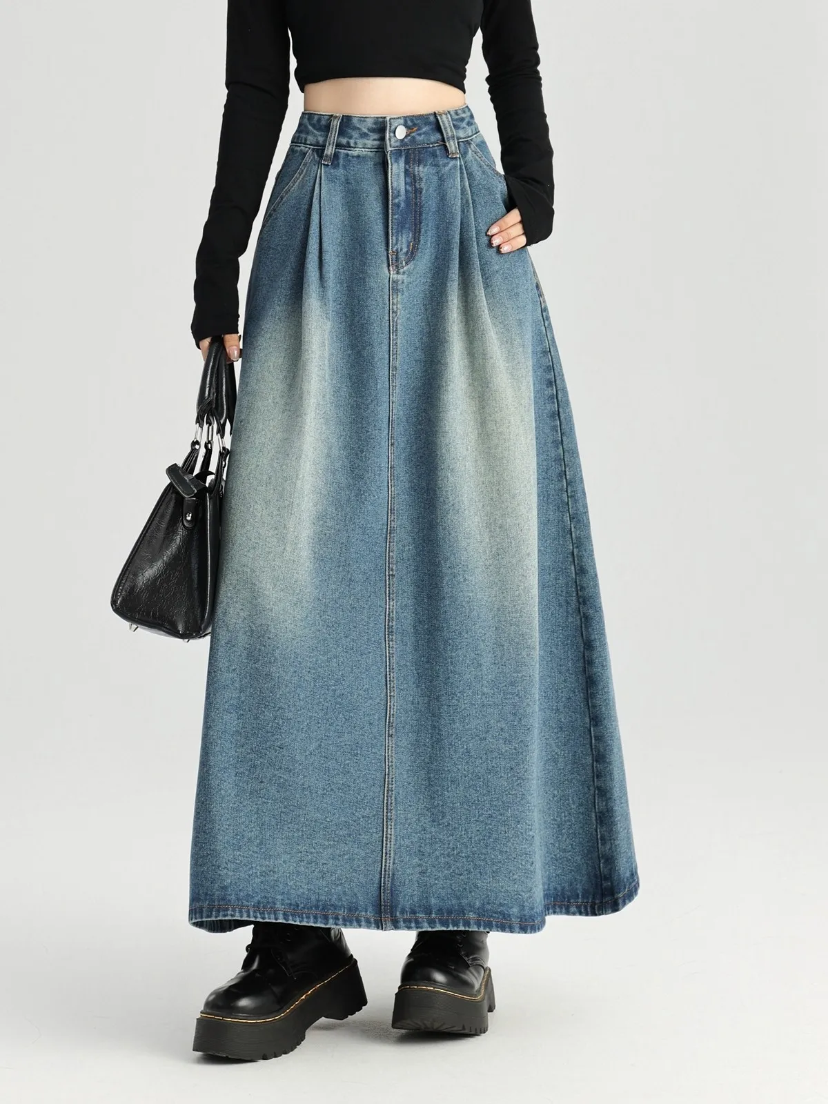 ZHISILAO Vintage High Waist A-line Long Skirt Women Classic Blue Denim Skirt Autumn 2024