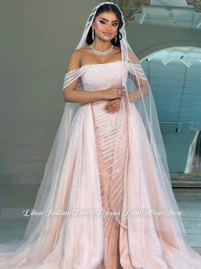 Pink Off-Shoulder Dreamy Beaded Wedding Dress Customized Middle Eastern Arab Bridal Gown Henna Night Elegant Wedding 2026