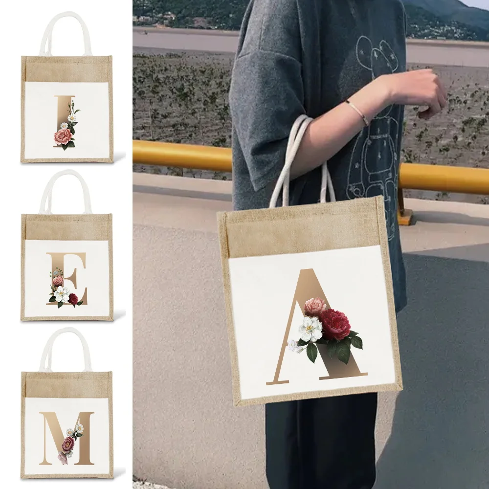 

Reusable Shopping Bag Vintage Tote Bag Large Capacity Grocery Bags Gold Letter Pattern Lightweight Beach Organizers Handbags