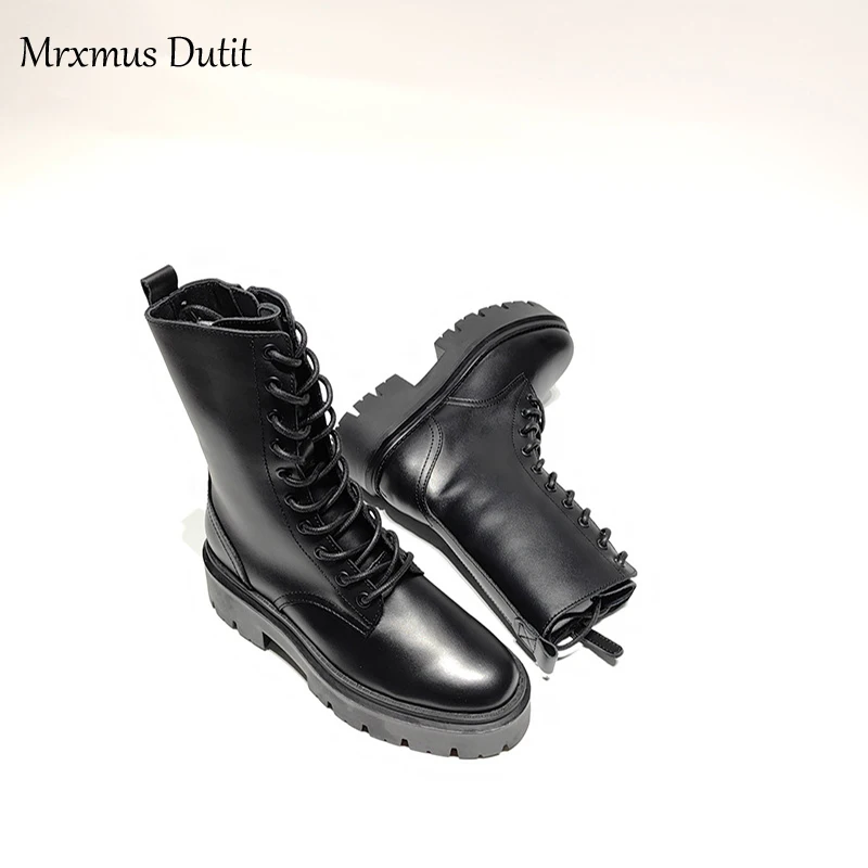 Mrxmus Dutit 2024 Winter Fashion New Women Genuine Leather Lacing Flat Short Boots Round Head Simple Casual Short Female Chic