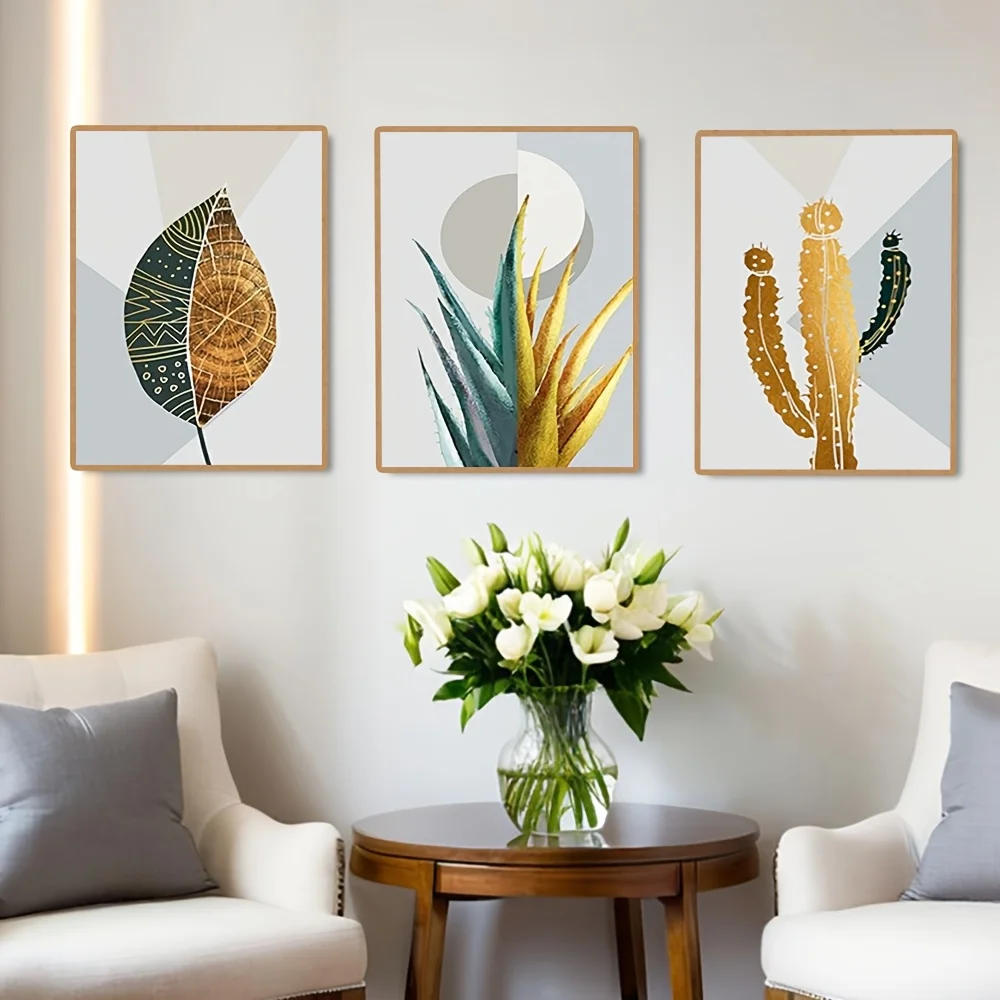 2D Flat, 2D Flat 3pcs Unframed ARTKN Large  Abstract Canvas Wall Art Set of Green Plant Leaf Minimalist Tropical Plants Moder