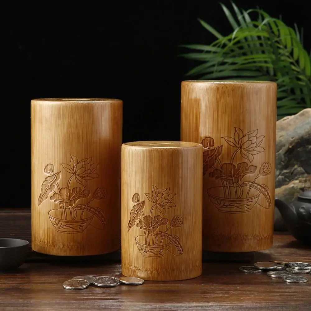 Anti-fall Bamboo Piggy Bank Eco-friendly With Chinese Knot Cylinder Shaped Storage Can Odorless Savings Tank Ornaments