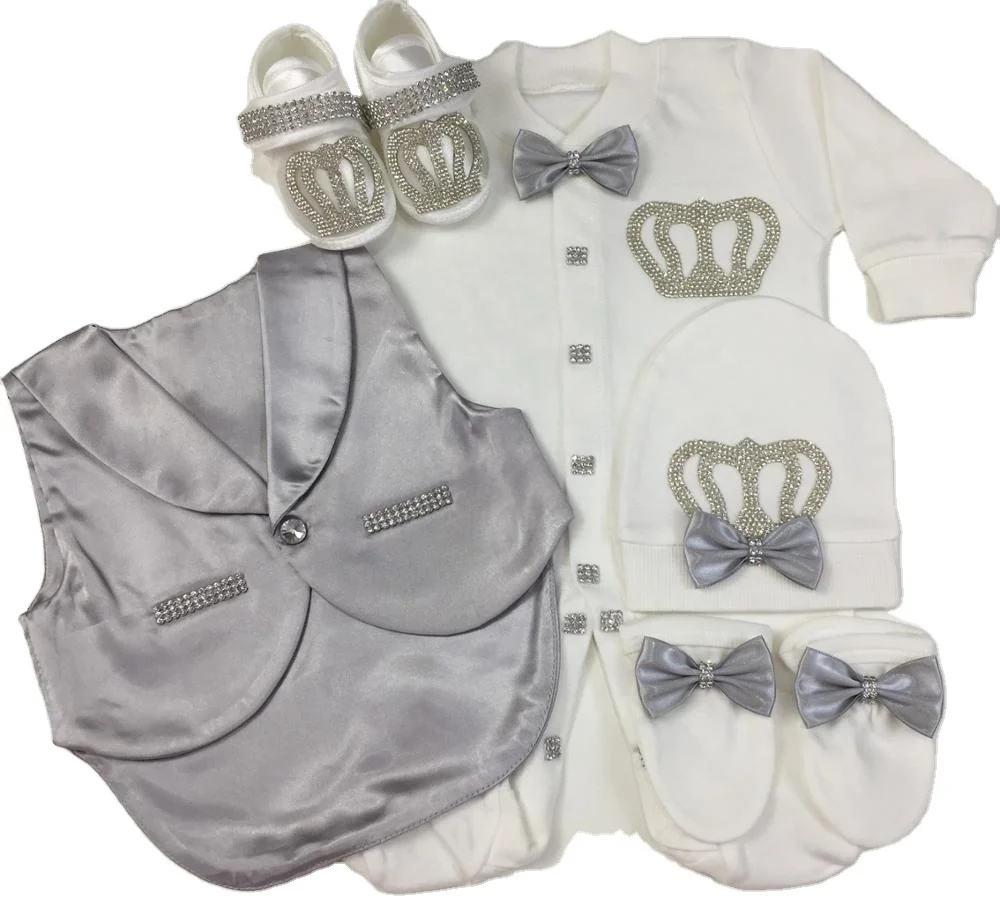 

Dollbling 5 Pieces Custom Quality Newborn New Design Satin Vested Gift Baby Set Long Sleeve Bubble Cotton Knitted Fabric Romper