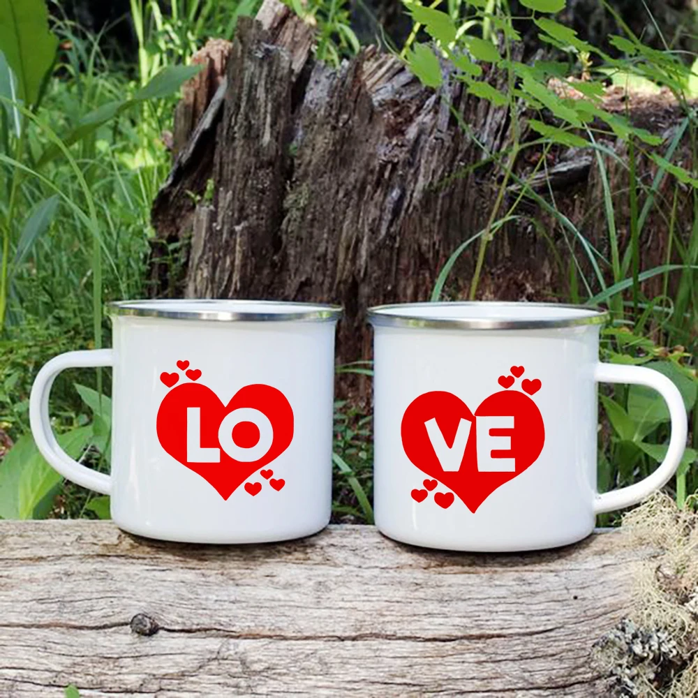 

Love Heart Creative Print Couples Enamel Coffee Tea Mugs Outdoor Travel Camping Water Cups with Handle Drinkware Valentines Gift