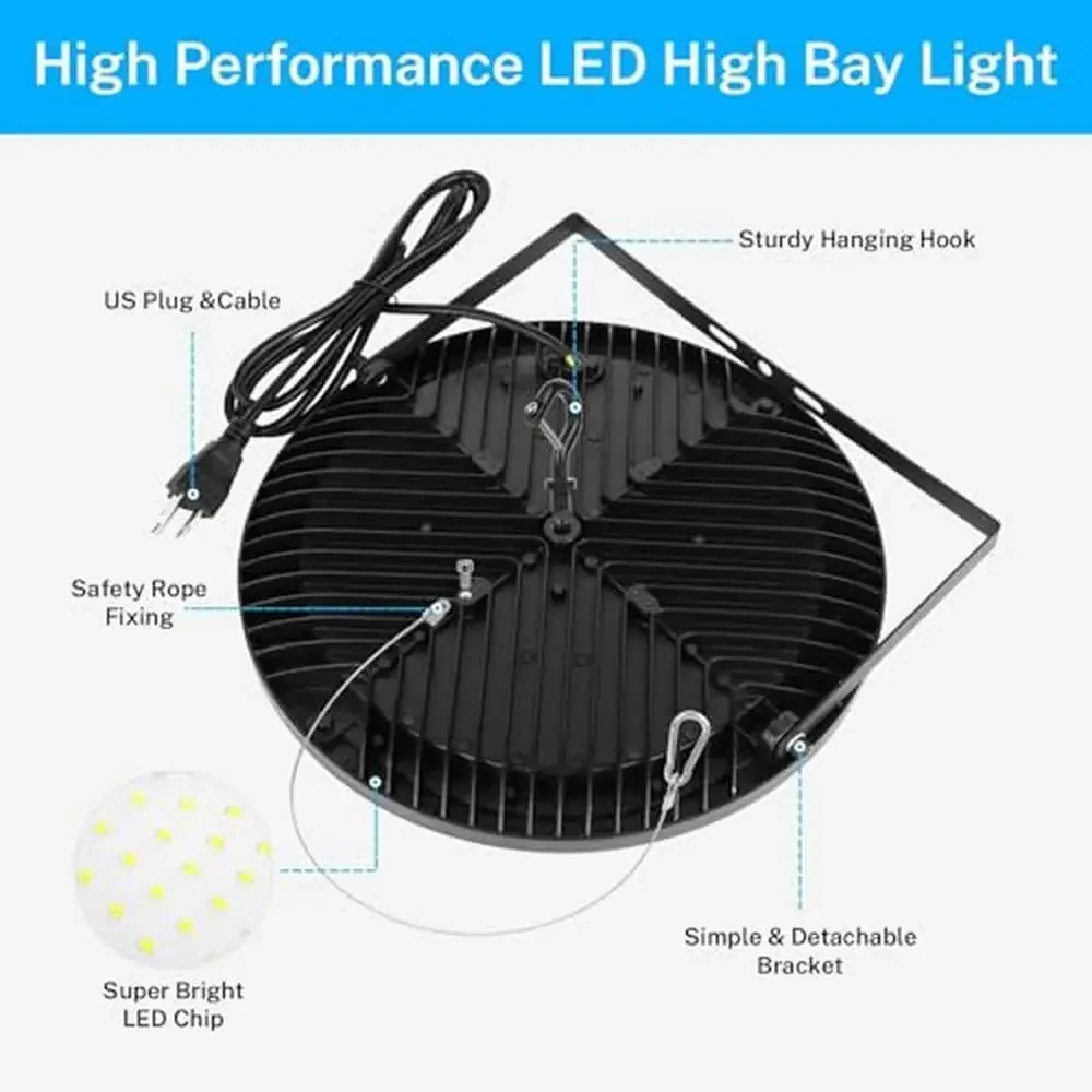 200W UFO LED High Bay Light 28000 LM Daylight Waterproof with US Plug Cable Bracket IP65 Commercial Industrial Warehouse Gym