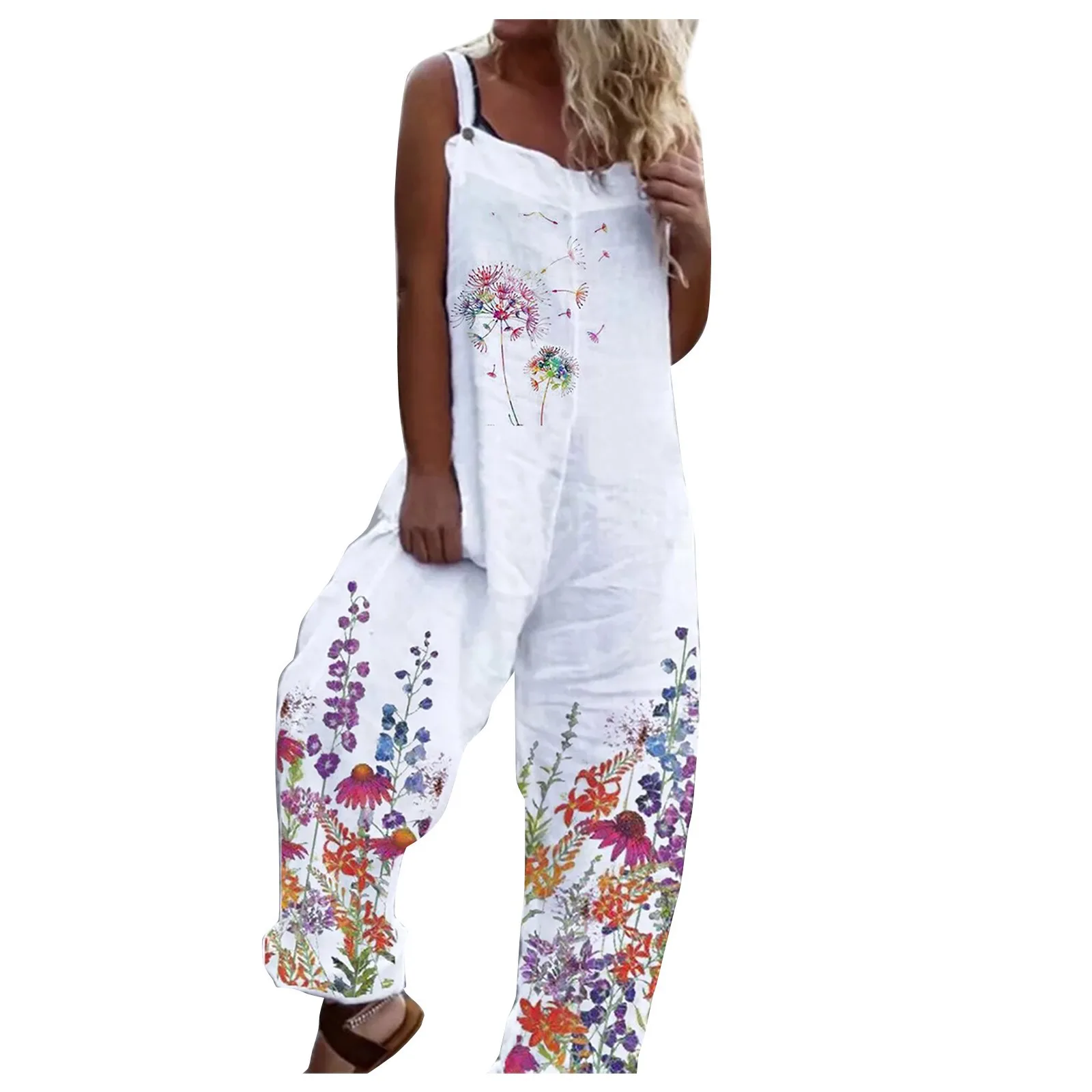 Sleeveless Women's Jumpsuit 2023 Summer Fashion Casual Slub Cotton Printed Casual Loose Suspender Jumpsuit Harem Pants