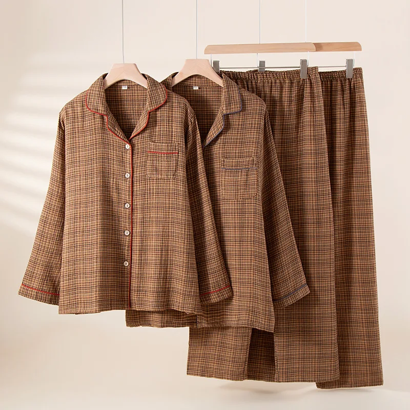 

Couple Cotton Double-Layer Men and Women Homewear Simple Pajama Set Long Sleeve Long Pants Plaid Comfortable Clothes