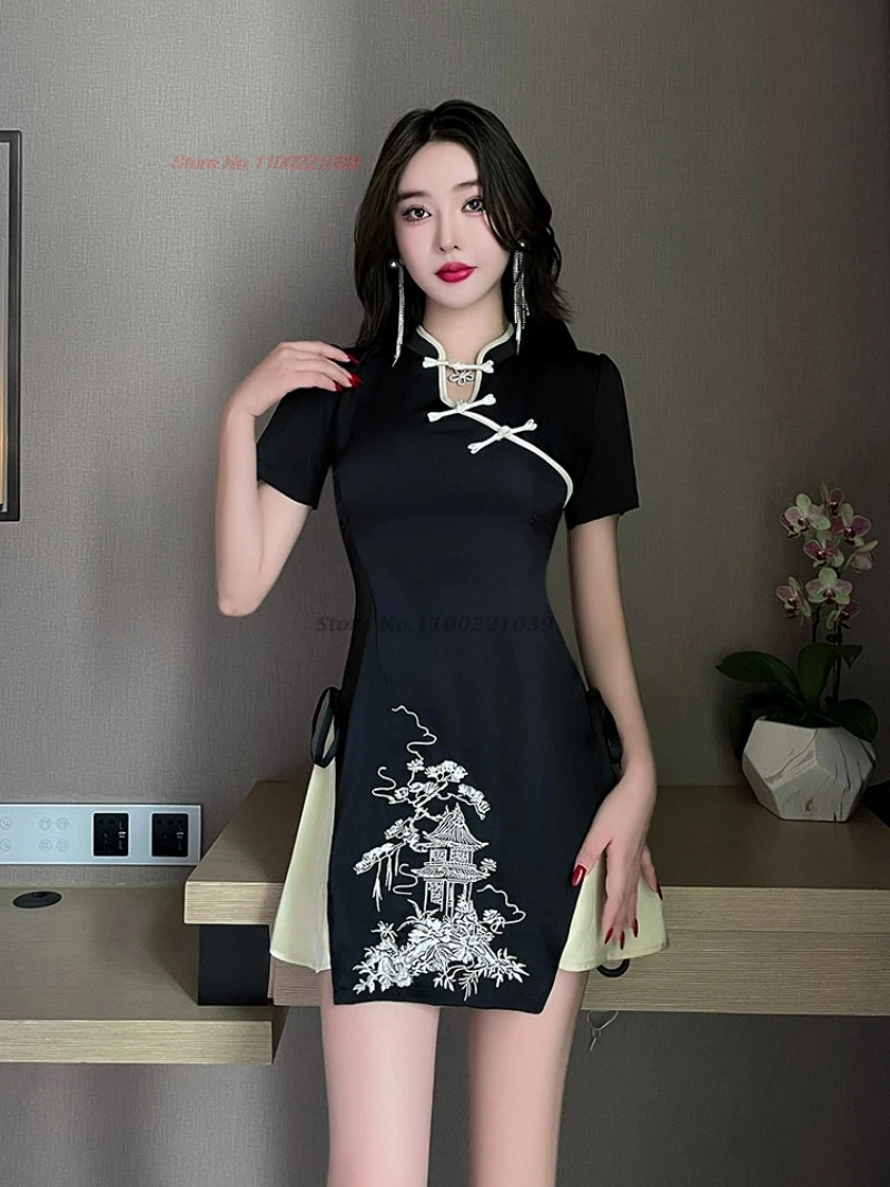 2025 chinese nightclub dress qipao improved cheongsam national flower embroidery a-line qipao dress hotel spa beauty uniform