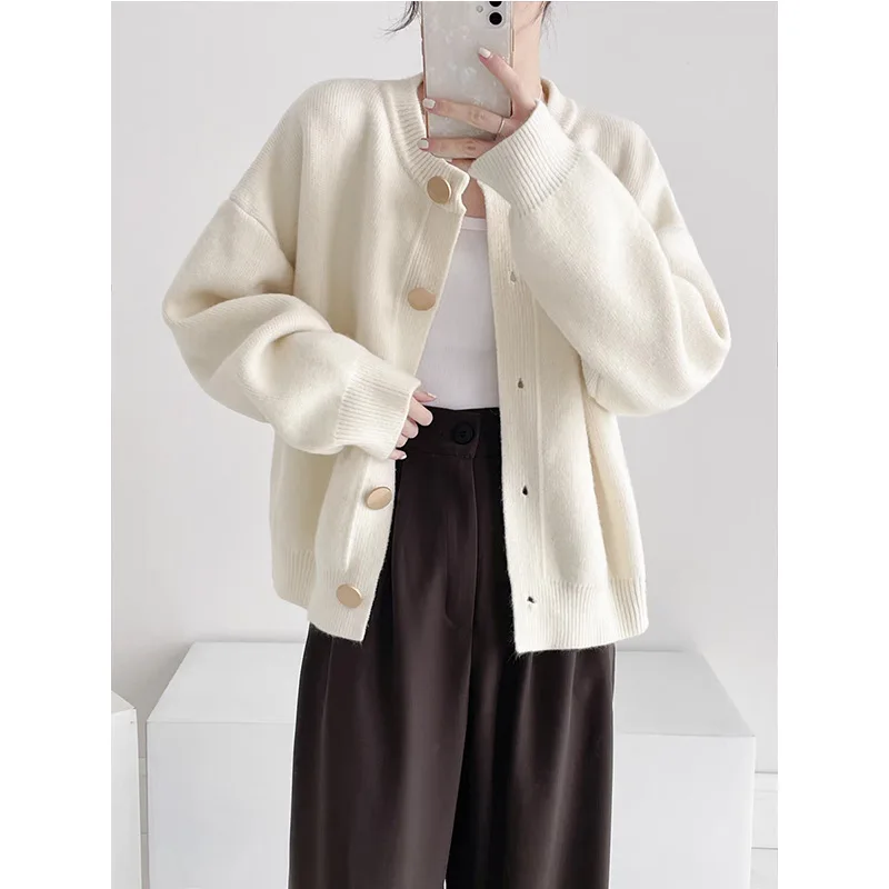 

Женский вязаный кардиган с круглым вырезом — однотонный свободный свитер с открытой передней частью, мягкая повседневная удобная одежда