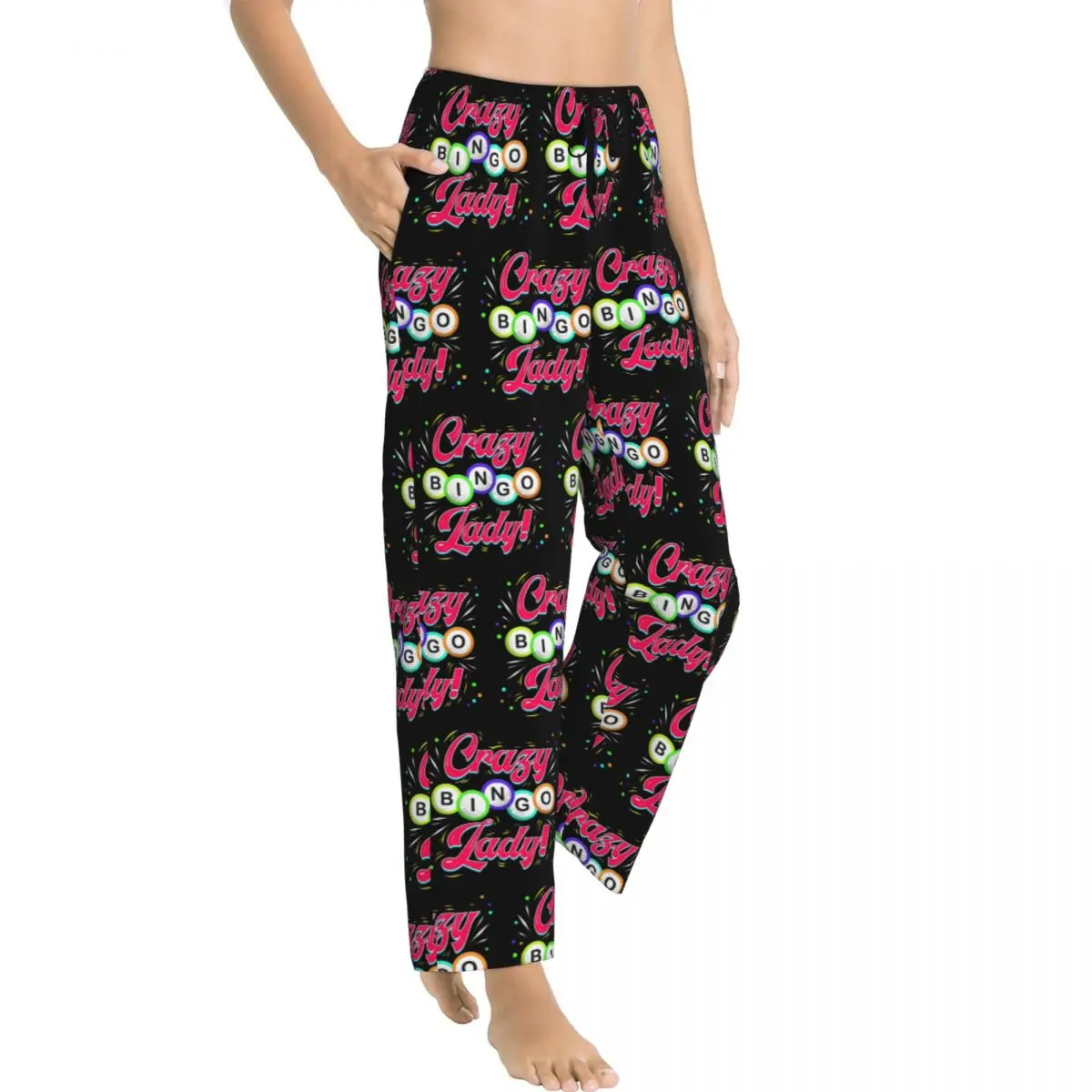 Custom Printed Women's Lucky Game Crazy Bingo Lady Gambling Player Pajama Pants Sleep Sleepwear Bottoms with Pockets