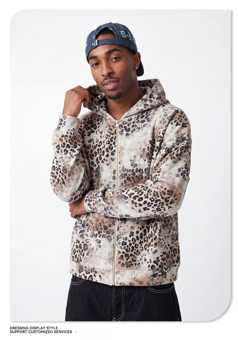 2026 Autumn New American Leopard Print Zip Up Hoodie for Men Y2K Retro Hip-hop High Street Men's Hooded Jacket Streetwear