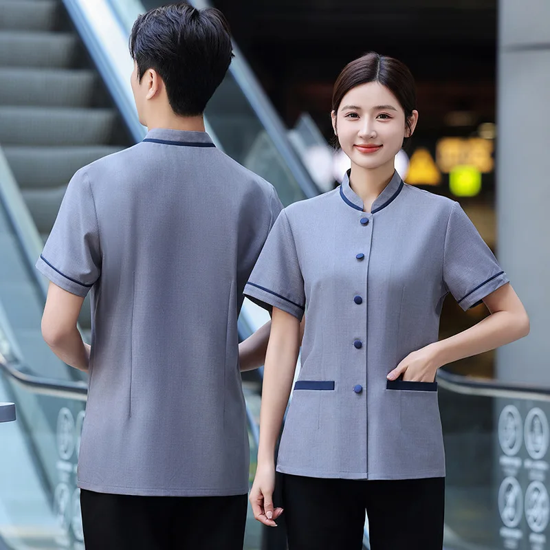 โรงแรมทําความสะอาดห้องพนักงานชุดแขนสั้น Mall สํานักงานขายทรัพย์สินทําความสะอาดป้า Workwear ชุด Unisex