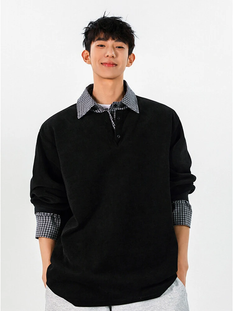 

American Sle Long Sve irt Collar Sweater Fake Two-Piece Plaid Pattern Casual Comfortable Autumn Winter Outerwear for Men