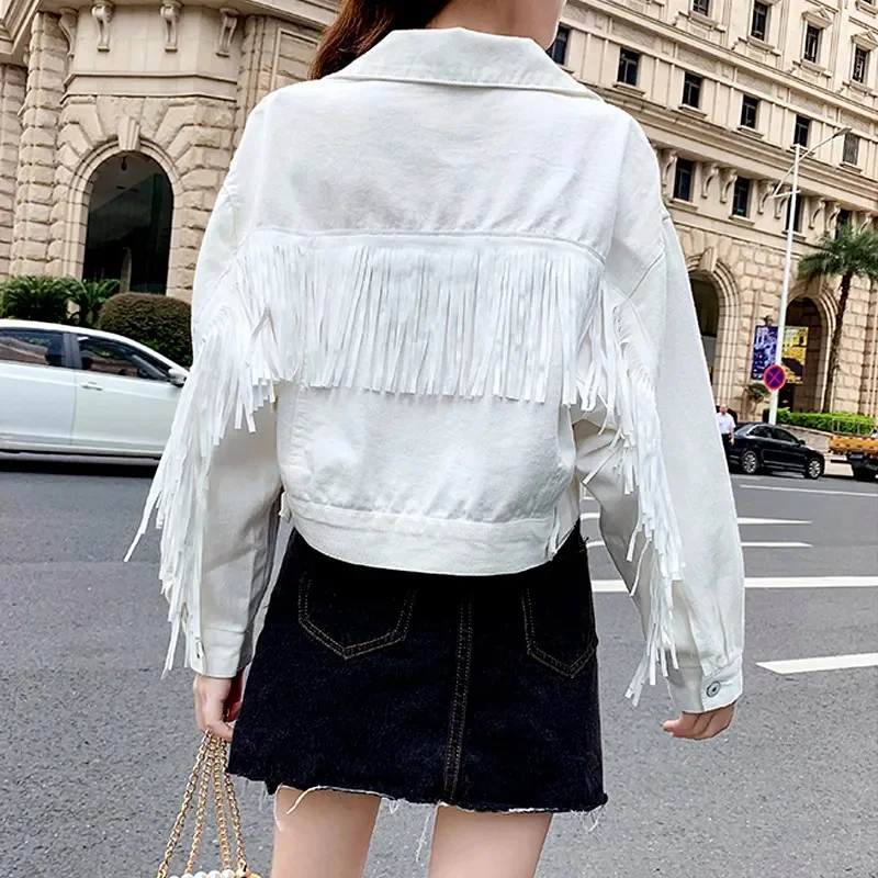 2023 New Streetwear Tassels Short Denim Jackets Women Spring Autumn White Jean Coat Lady Loose Outerwear Students Casual Tops