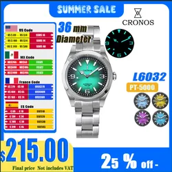 Cronos EX Reloj mecánico para hombre 36 mm PT5000 SW200 Pulsera con casquillo de cristal de zafiro automático 10ATM L6032