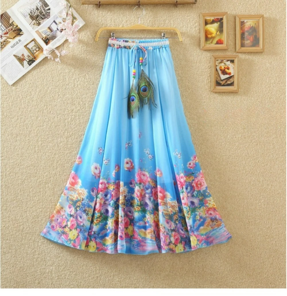 2024 Summer New Printed Chiffon Long Skirt for Women High Waisted Elastic A-Line Large Swing Beach Skirt